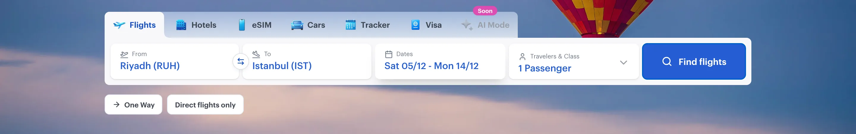 The Tripzle search on desktop: tabs for flights, hotels, eSIM, cars, tracker and visa above a search bar with origin, destination, dates and travelers.
