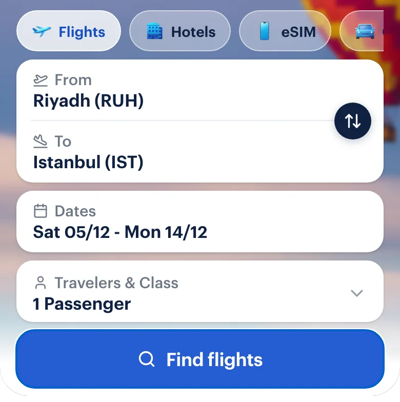 The same Tripzle search on a phone, with the origin, destination, date and traveler fields stacked.